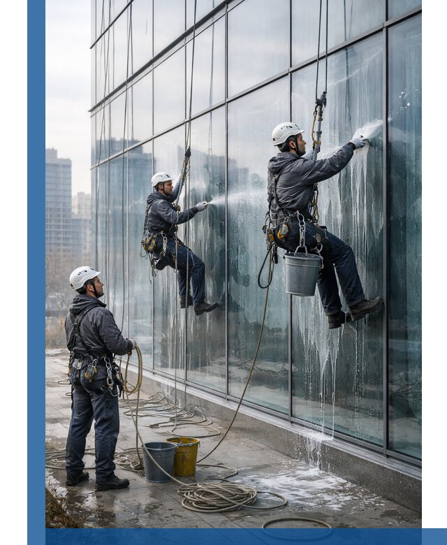 Промышленная мойка панорамных окон на высоте в Гагарине