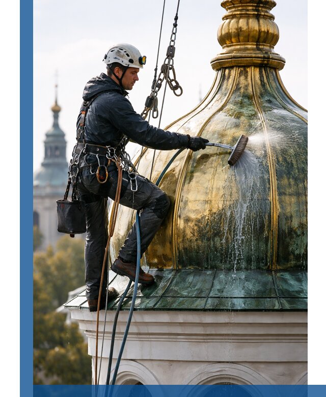 Профессиональная мойка куполов и шпилей высотными альпинистами в Гагарине