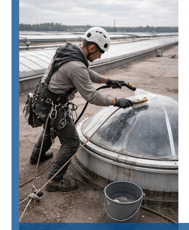 Мойка зенитных фонарей на кровле для промышленных объектов в Гагарине