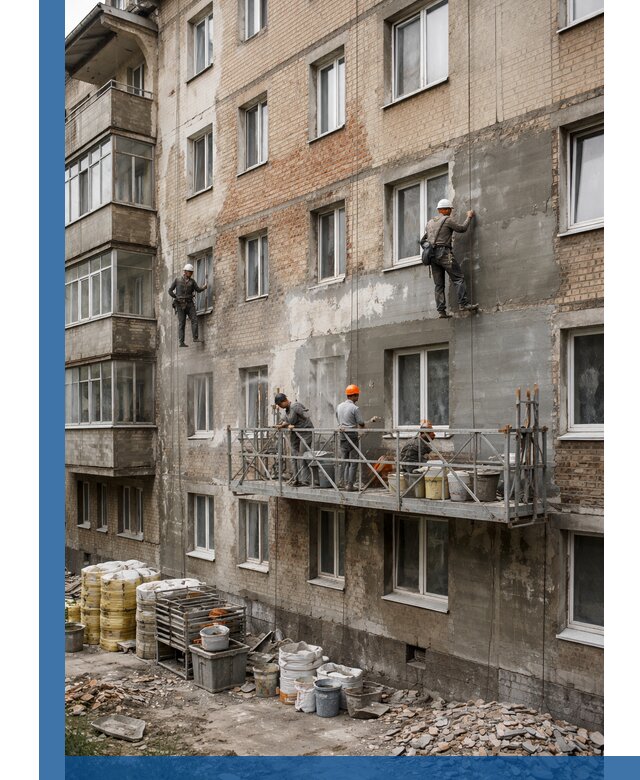 Капитальный ремонт фасада в Гагарине с восстановлением и гидроизоляцией