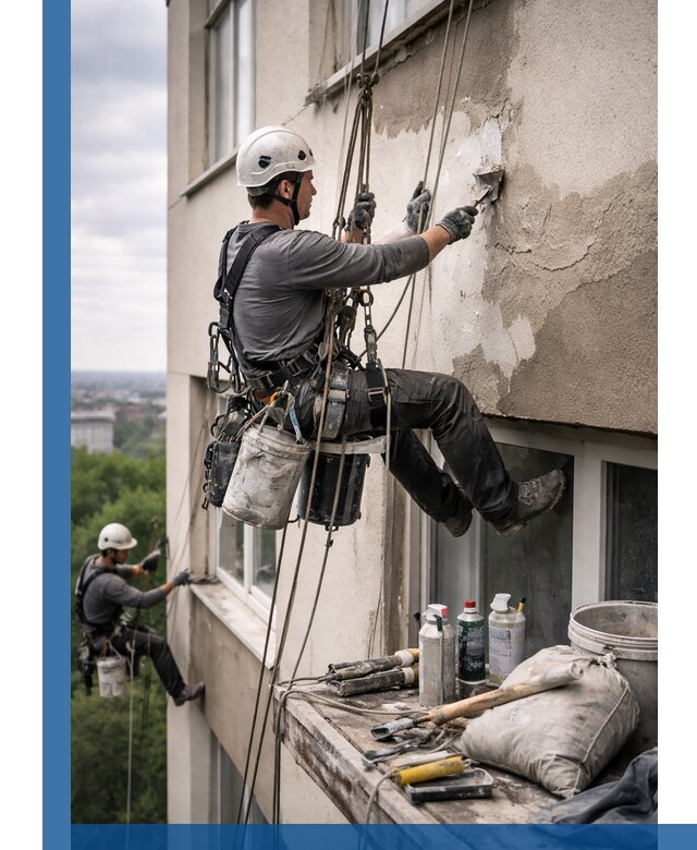 Косметический ремонт фасада зданий в Гагарине промышленными альпинистами