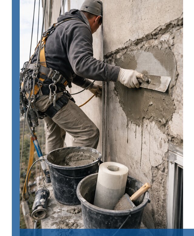 Ремонт бетонных элементов фасада промышленными альпинистами в Гагарине