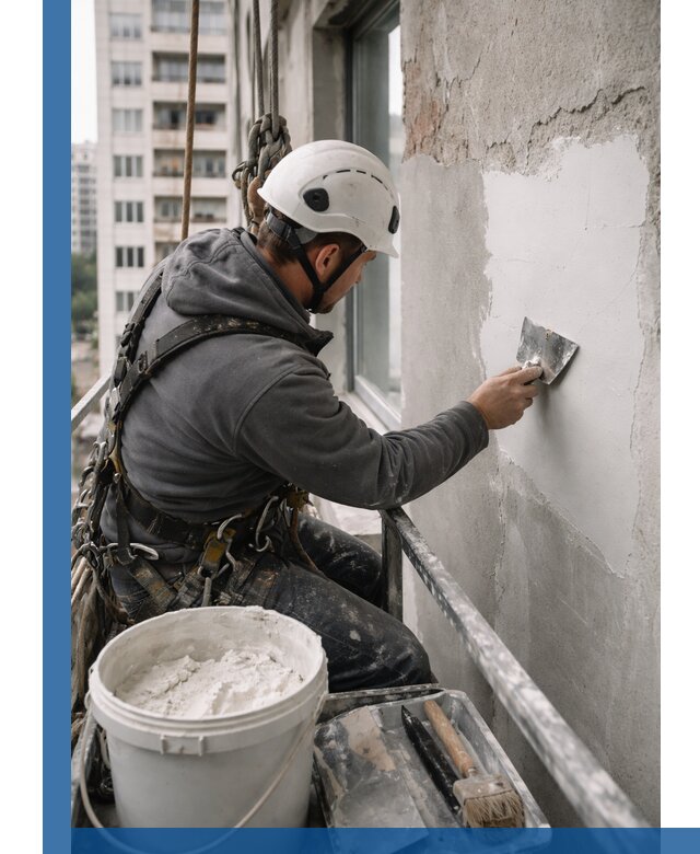 Шпаклевка фасадов на высоте с промальпинистами в Гагарине