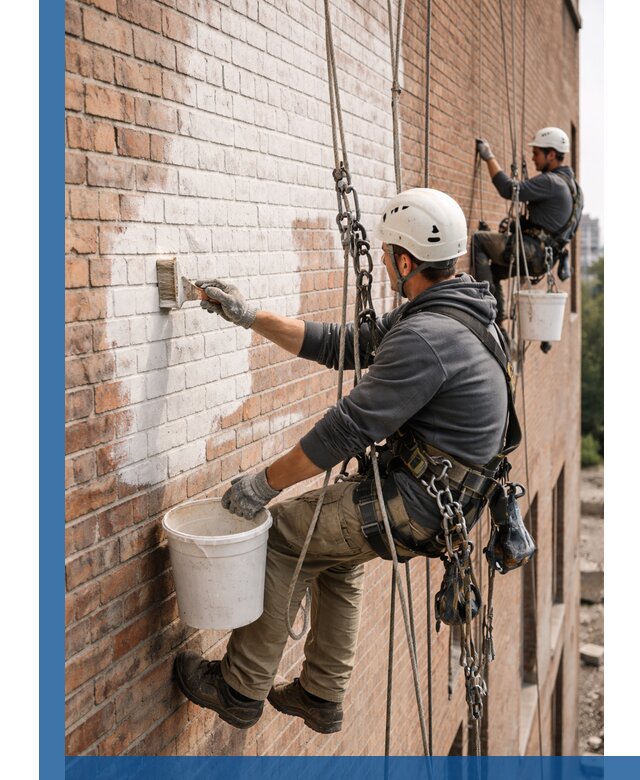 Покраска кирпичного фасада с доступным альпинистским сервисом в Гагарине