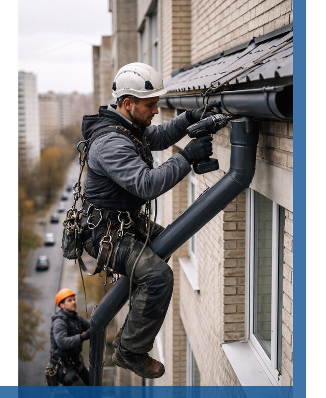 Монтаж водосточной системы на здании в Гагарине от 5202 р. | ВЫСОТНИК-Ггр