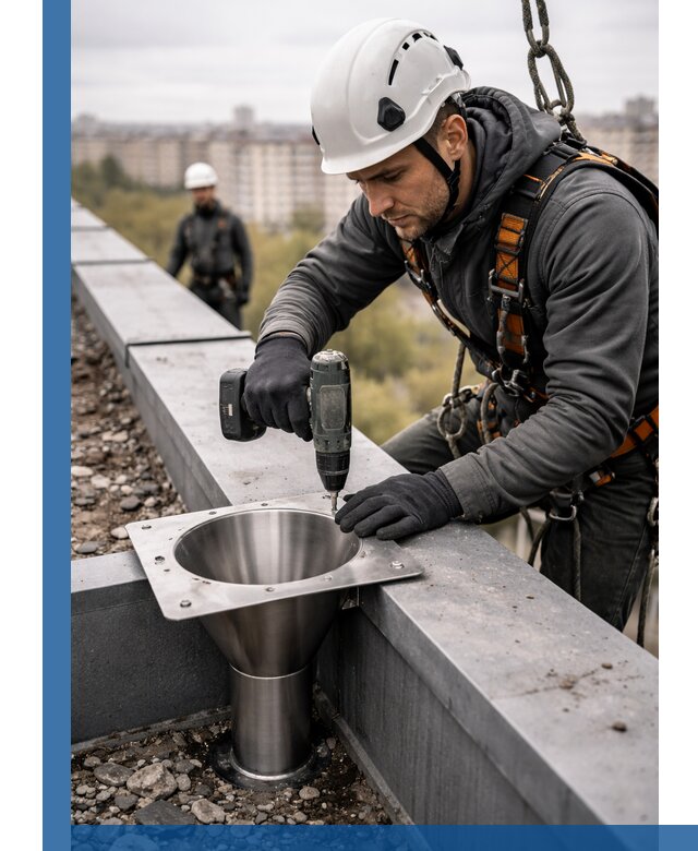 Монтаж водосточных воронок в Гагарине для промышленных зданий