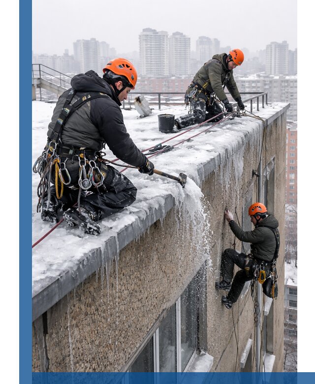 Удаление наледи с кровли в Гагарине промышленными альпинистами