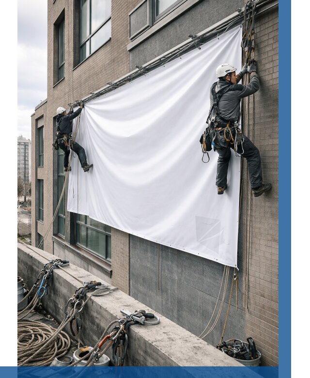 Монтаж баннеров на фасаде в Гагарине от 676 р. заказать ВЫСОТНИК-Ггр