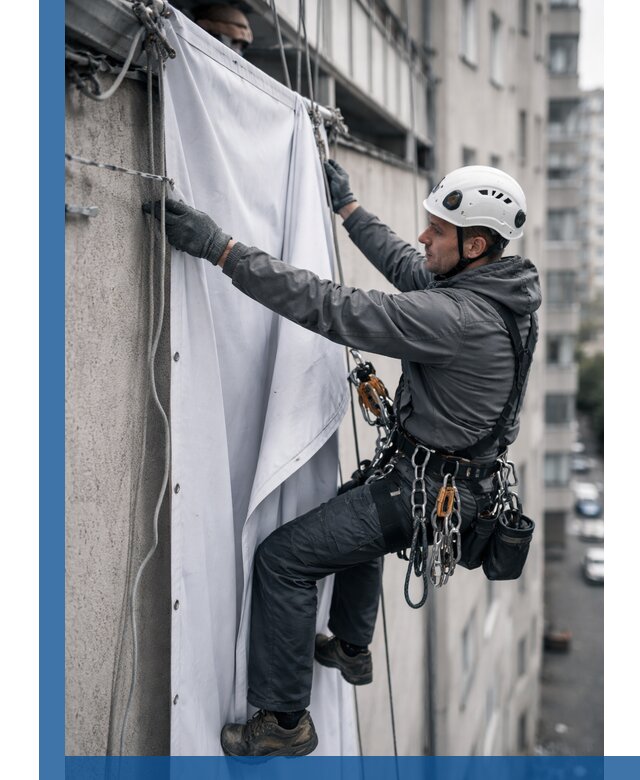 Замена баннерного полотна промышленными альпинистами в Гагарине
