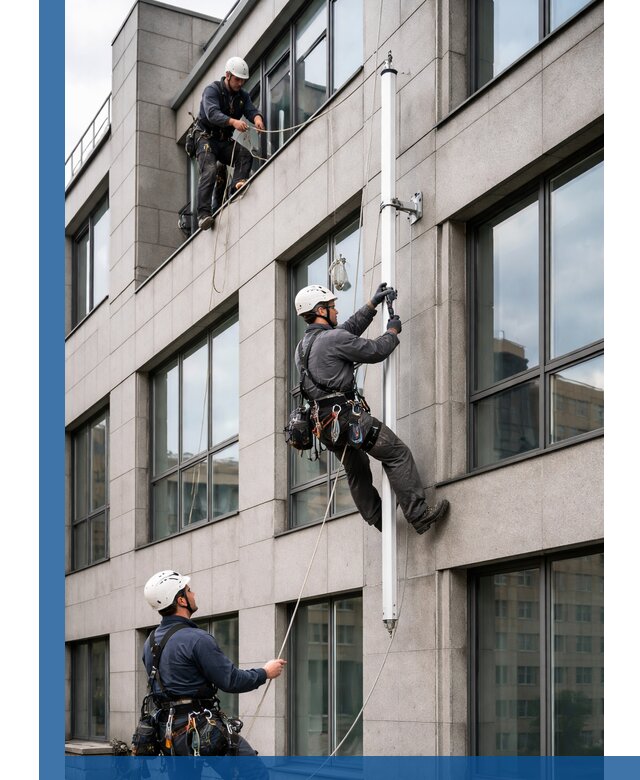 Монтаж флагштока на фасаде здания с креплением и герметикой в Гагарине