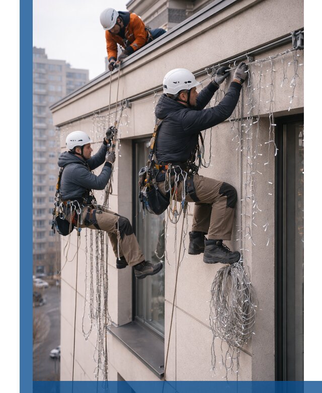 Монтаж праздничных гирлянд на фасаде в Гагарине для зданий