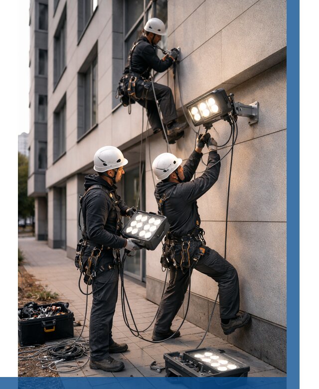 Монтаж прожекторов на фасаде в Гагарине от 7803 р. | ВЫСОТНИК-Ггр