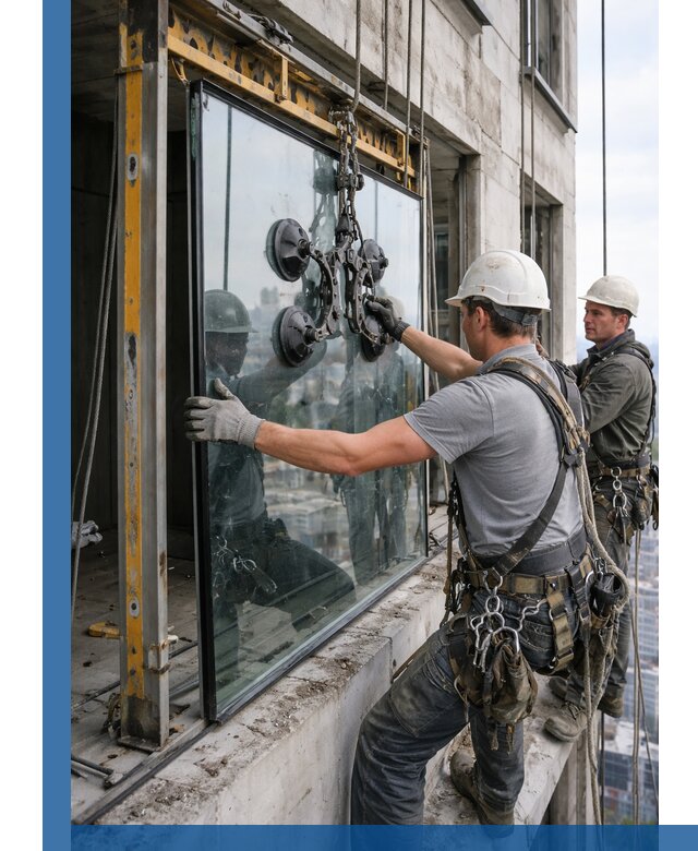 Монтаж стеклопакетов на высоте в Гагарине с промышленным альпинизмом