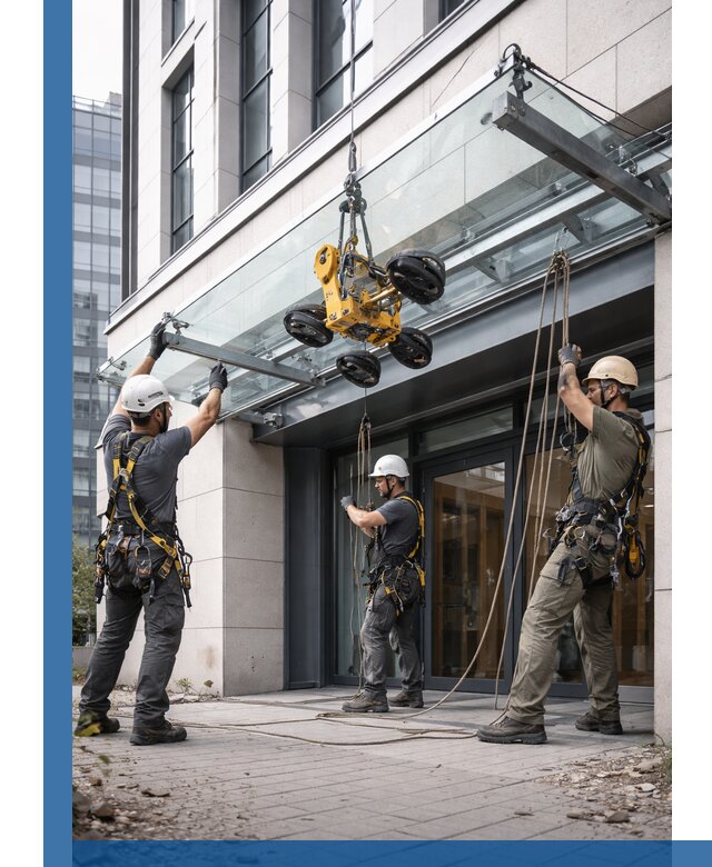 Монтаж стеклянных козырьков под ключ в Гагарине для зданий