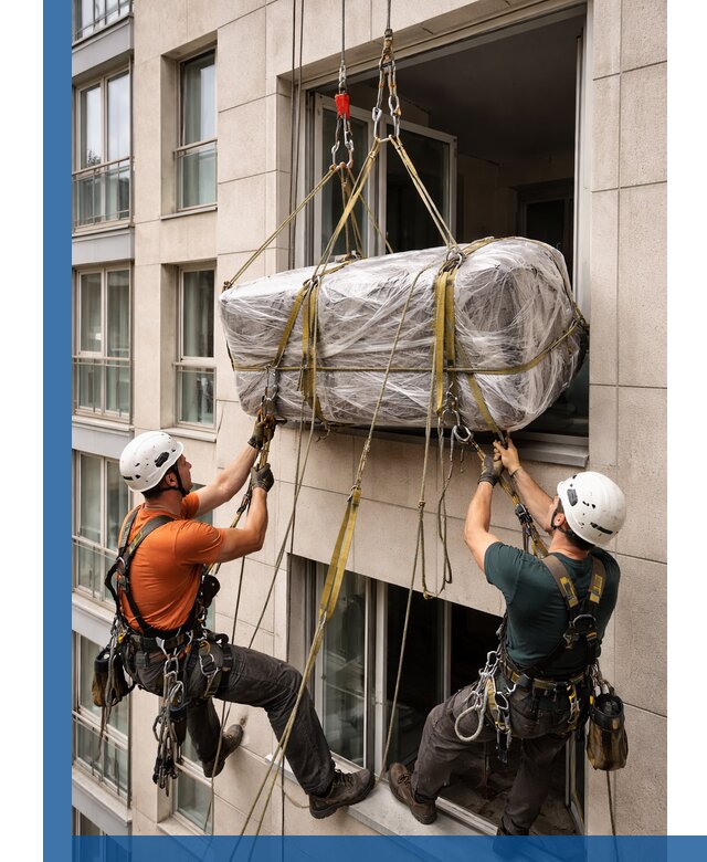 Подъем грузов через окно в Гагарине промышленными альпинистами