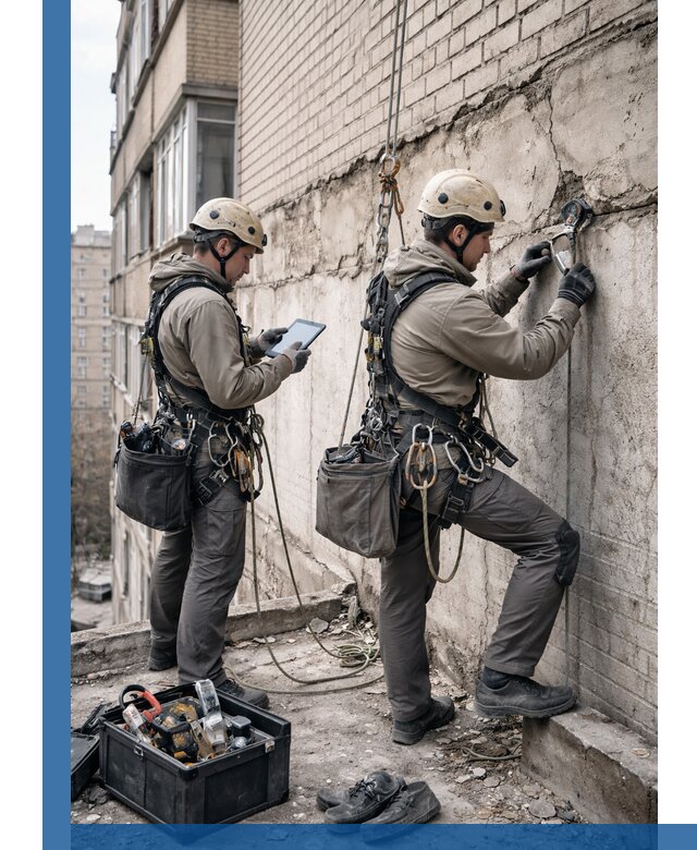 Обследование фасада промышленными альпинистами в Гагарине